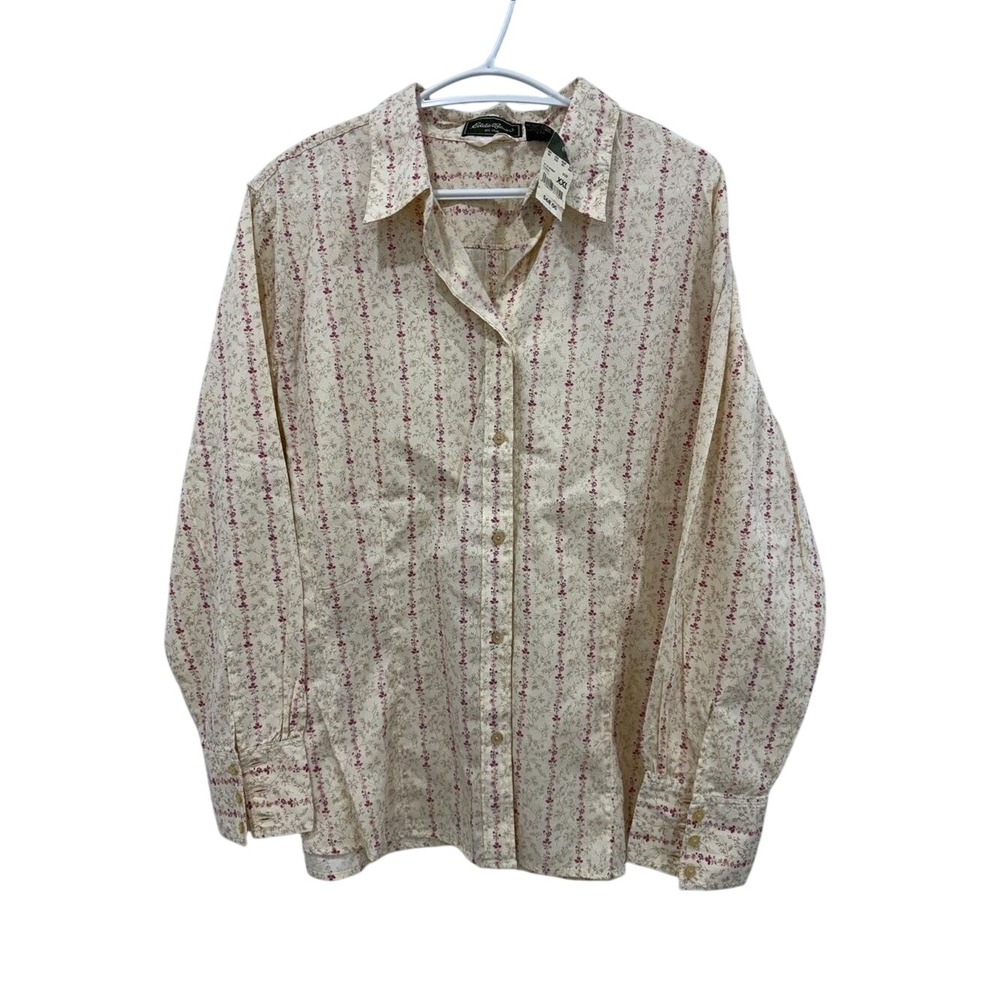 Vintage Floral Button‎ Front Shirt XXL Cottagecore Cream Pink 100% Cotton
